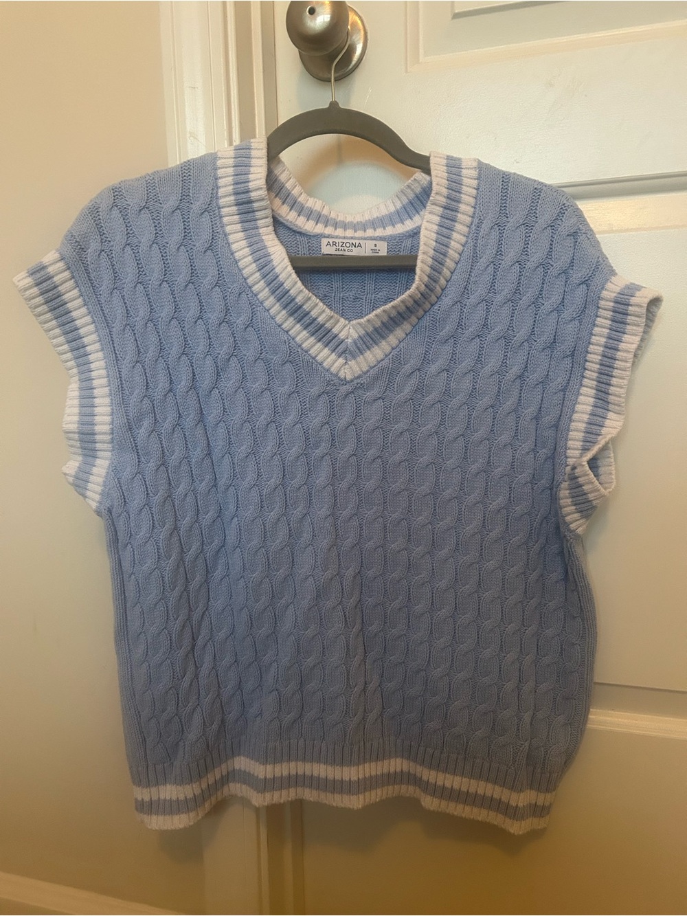 Arizona Baby Blue Cable Knit V-Neck Sweater Vest with White Trim
